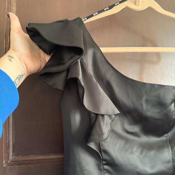 BARDOT | Black Satin One Shoulder Ruffle Sleeve Mini Cocktail Dress LBD | Size 6 - Picture 5 of 10